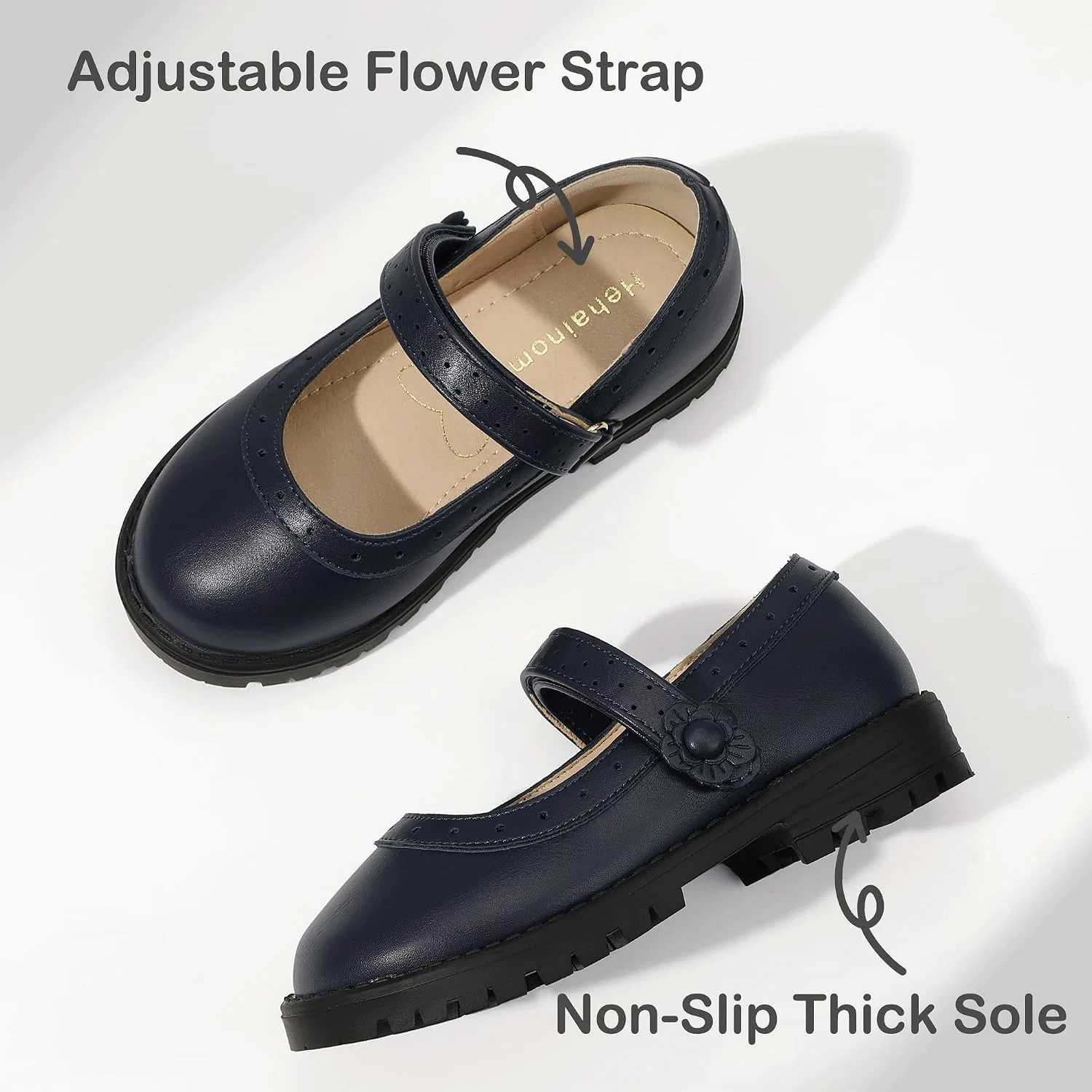 Детские туфли Мэри Джейн для девочек с цветком Hehainom, Navy Blue — фото 4