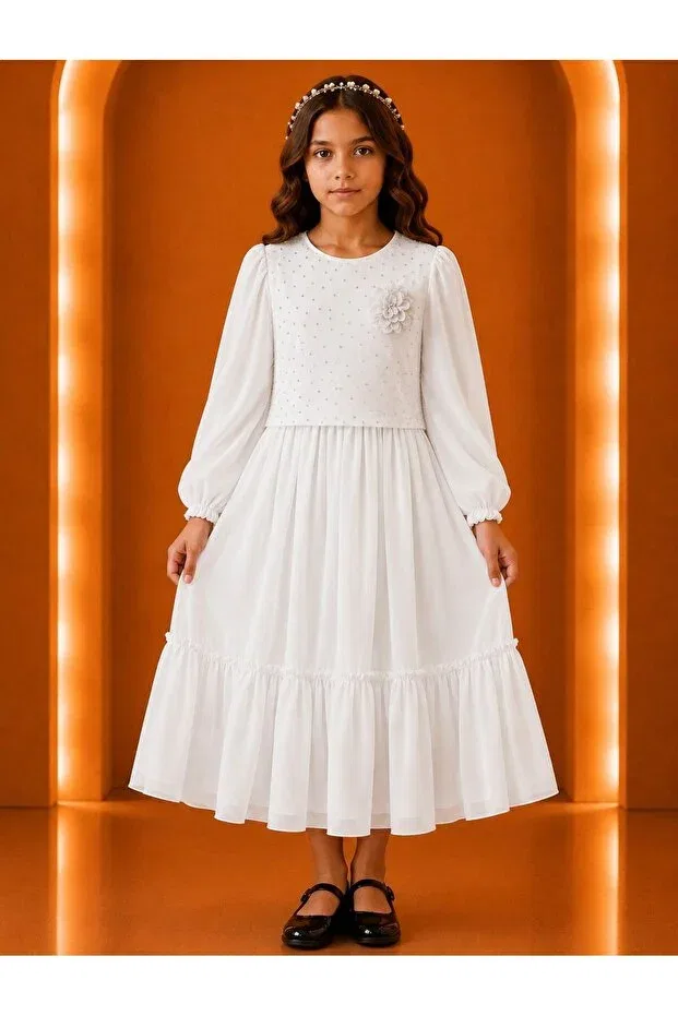 Детское платье для девочек с длинным рукавом Esmagül Kids, White — фото 2