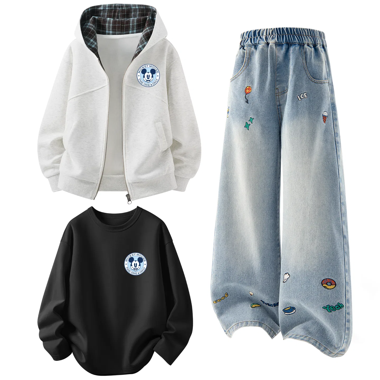 Детский спортивный комплект с капюшоном Disney, White Heather Gray+Solid Color Denim Blue+Disney Round Logo Mickey Mouse K Black