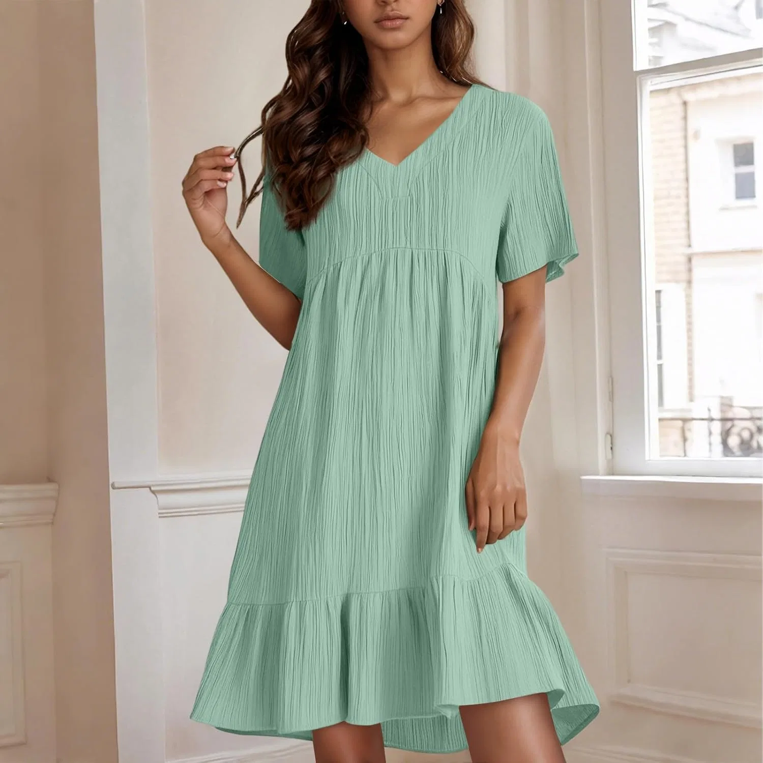 Женское летнее мини-платье с V-образным вырезом Generic, Mint Green — фото 2