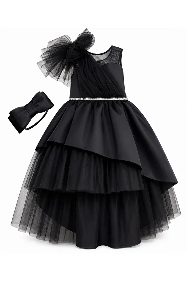 Детское платье для девочек с длинным рукавом Matte Satin Trailing Girls' Evening Dress Lindissima, Black — фото 4