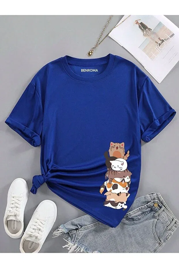 Детская футболка для девочек с принтом Cat printed children's t-shirt Benroma, Saks Blue