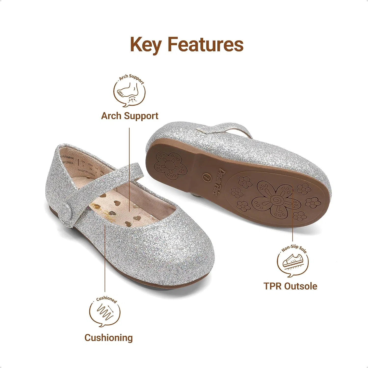 Детские балетки Мэри Джейн для девочек DREAM PAIRS, Silver — фото 3