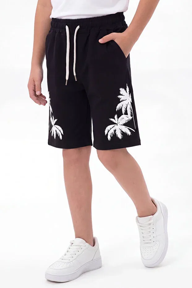 Детские шорты для мальчиков с принтом Palm tree printed lace-up comfortable fit casual sports summer boys' shorts Ya Ko Kids, Black — фото 2