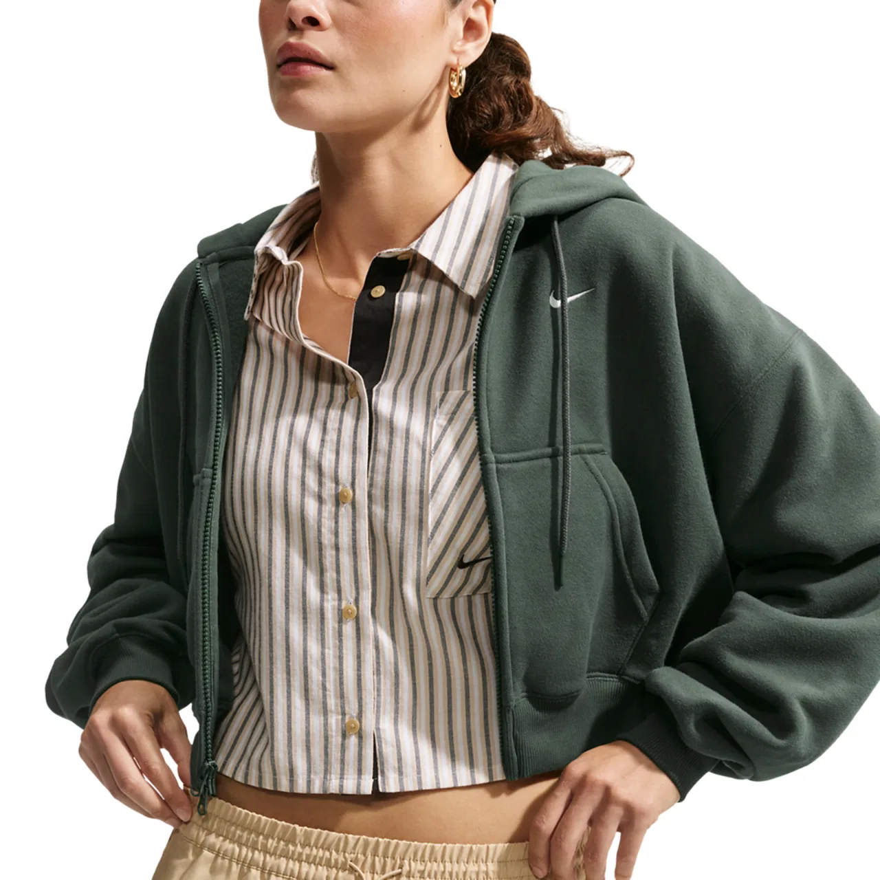 Женский худи с капюшоном, укороченное, на молнии, Nike Studio Fleece Mid-OS Crp FZ Hoodie, Nike, Camo Green Sail — фото 3