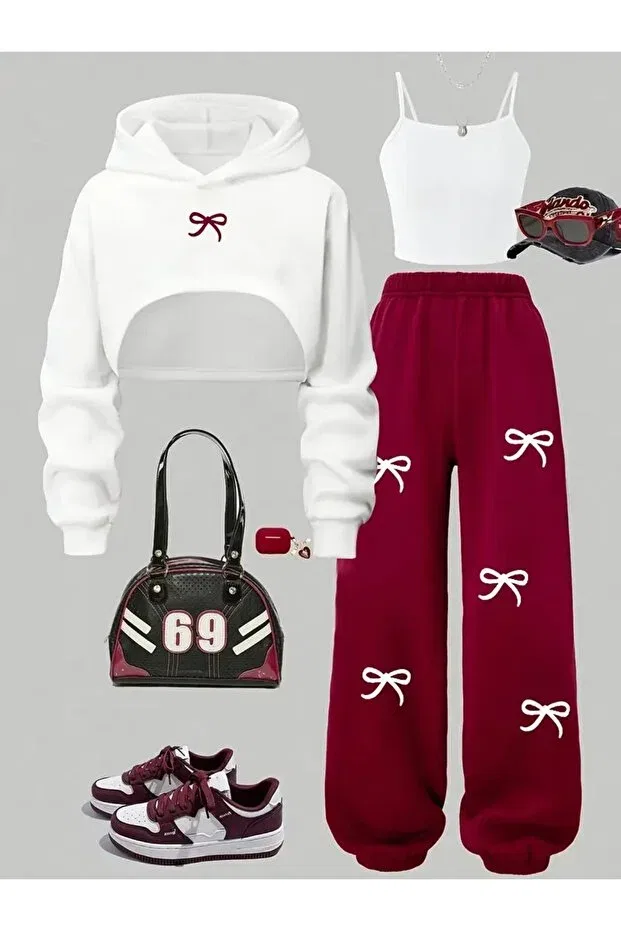 Детский комплект спортивного костюма для девочек с принтом Sportswear Machetta, Maroon-White