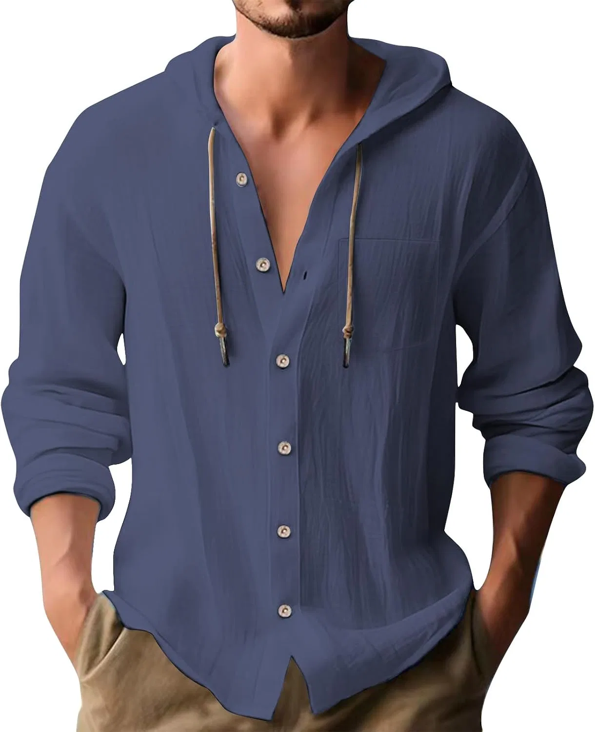 Мужская льняная рубашка с капюшоном Lightweight Beach Holiday Button Up, Dark Blue