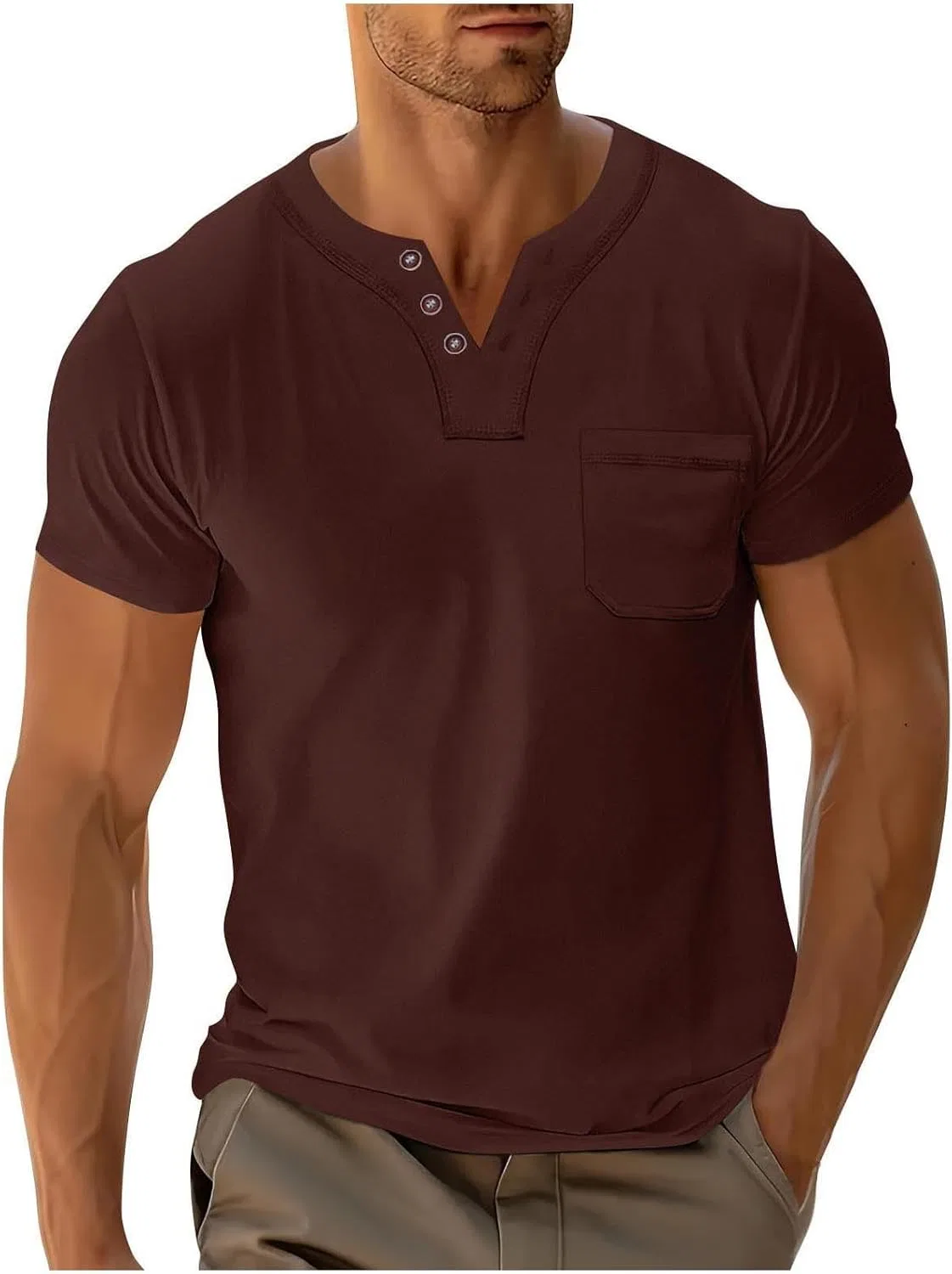 Мужская свободная футболка с карманом Henley Neck, Wine