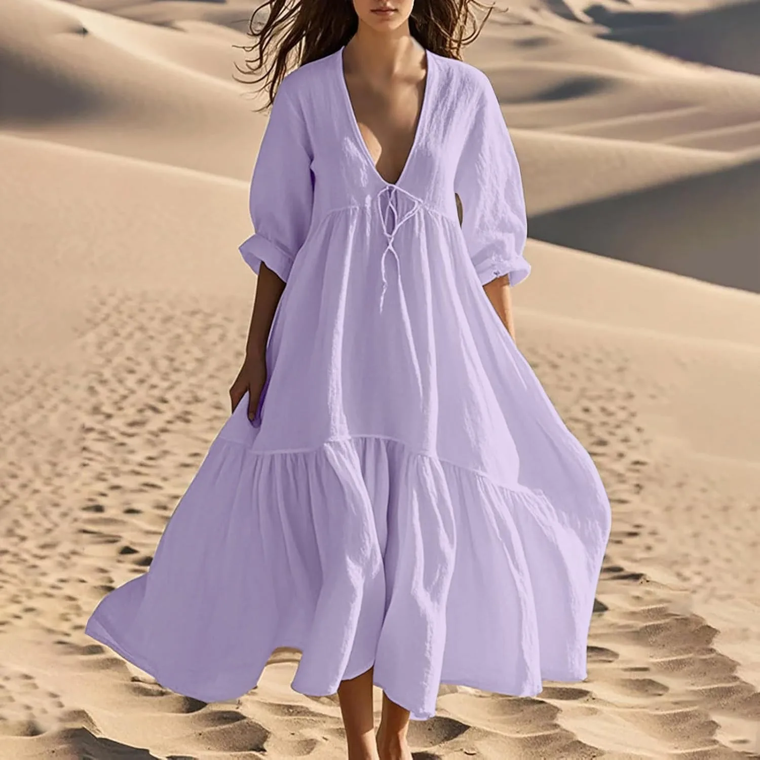 Платье Plus Size с глубоким V-образным вырезом и коротким рукавом, ярусное, для пляжного отдыха, лето 2025 Generic, фиолетовый — фото 2