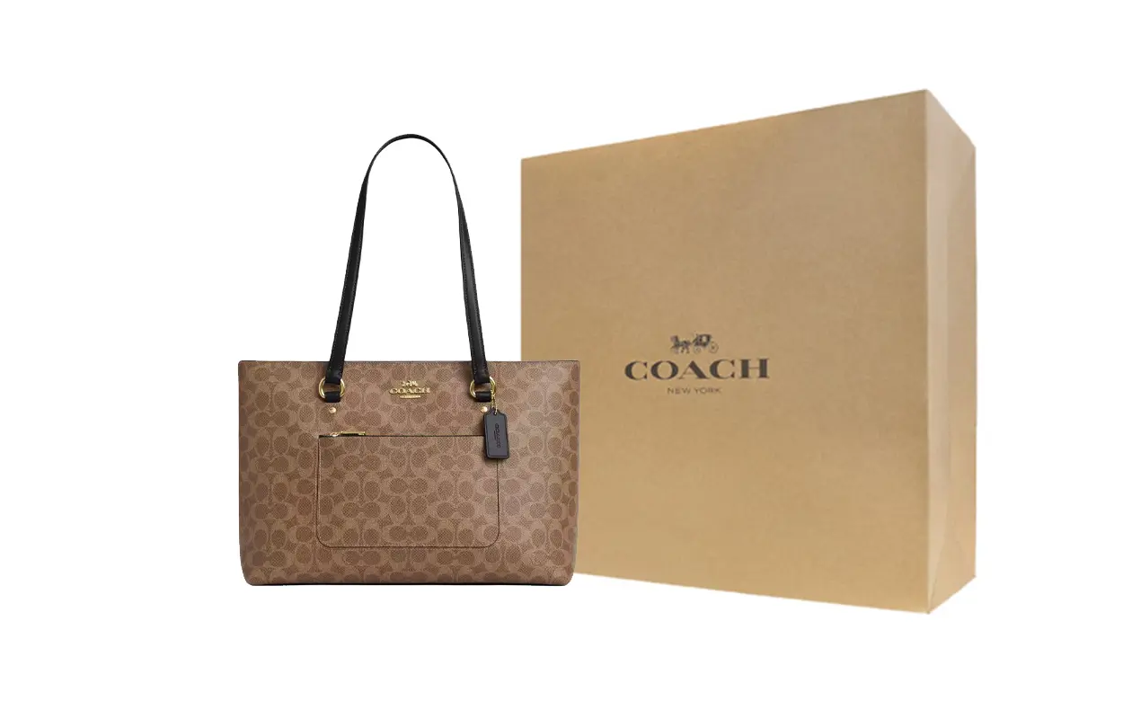 

Стационарная сумка тоут из покрытого холста, шоппер, большая женская сумка через плечо tan COACH, Gift Box Set (Set+желтый Box)