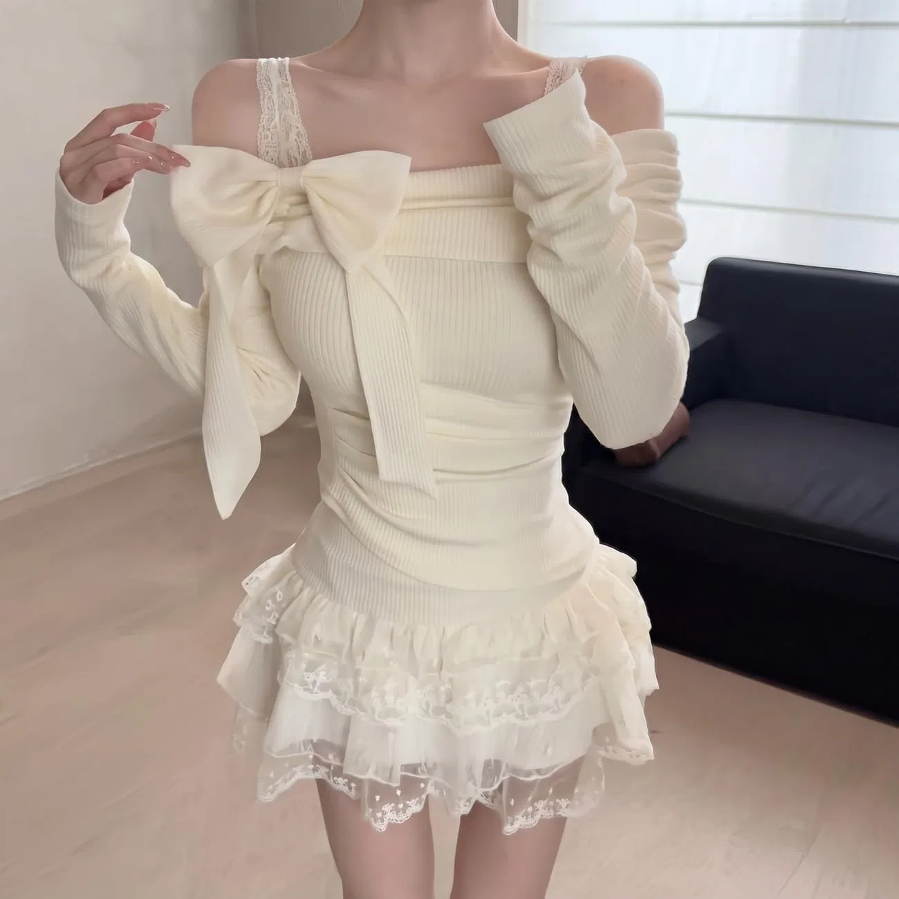 Блуза с открытыми плечами, кружево, Rib-knit, абрикосовый — фото 2