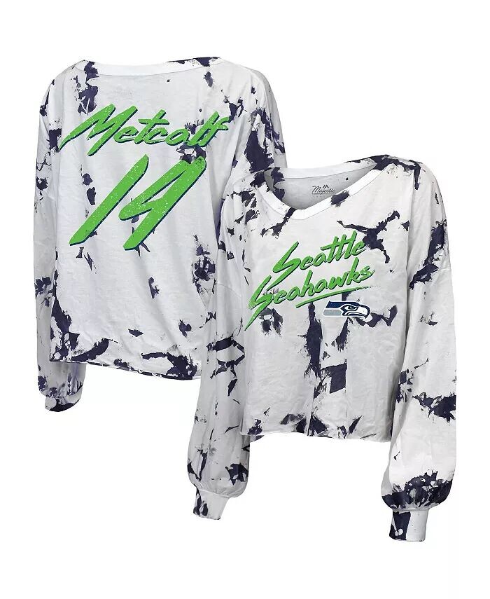 

Женская футболка Threads DK Metcalf White Seattle Seahawks с открытыми плечами, тай-дай, имя и номер, укороченный топ с длинными рукавами и v-образным вырезом Majestic