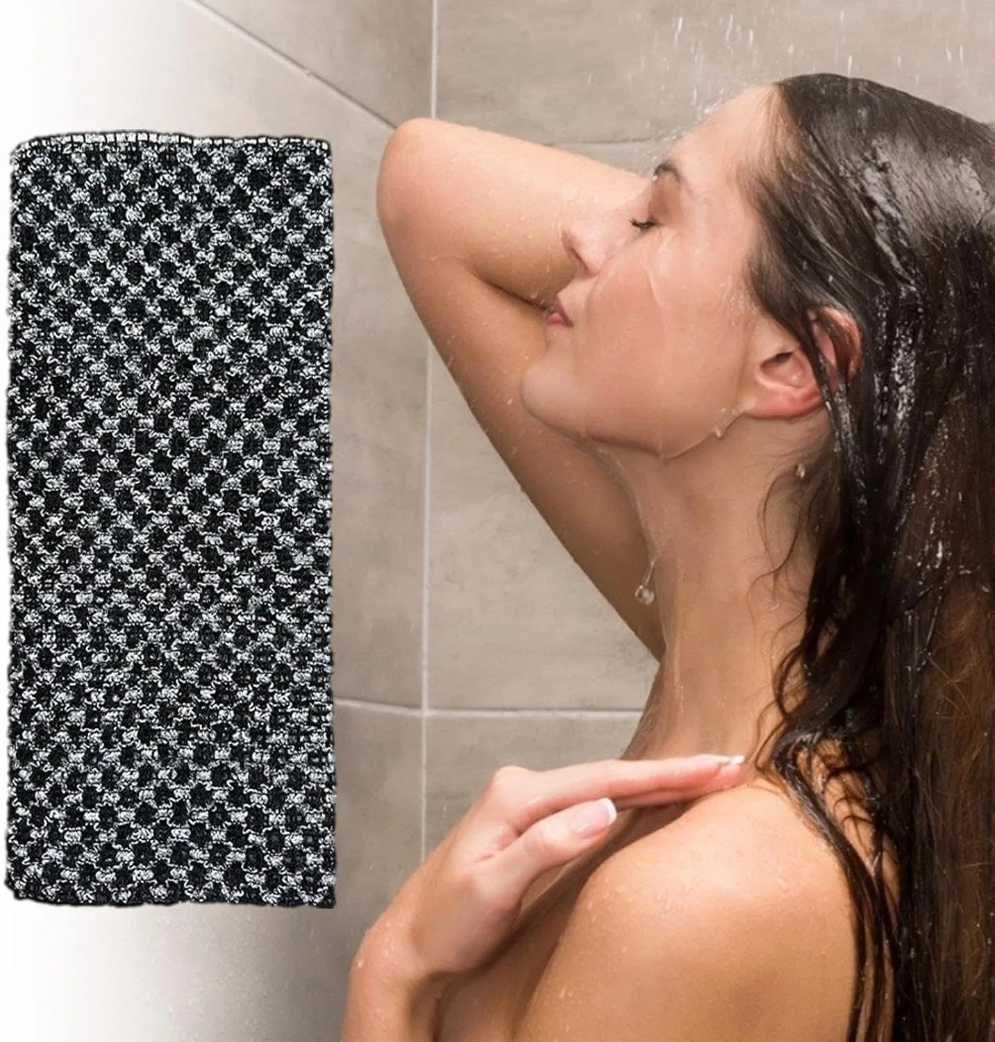 Мочалка для душа двухсторонняя, Полиэстер, 25x100 см, Black Plaid Generisch — фото 2