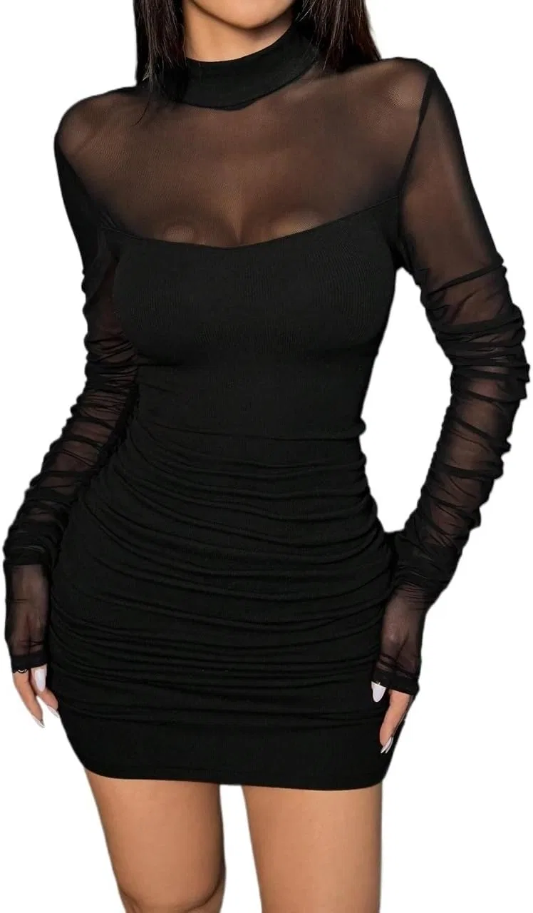 Женское мини-платье с длинным рукавом из сетки Bodycon, Black