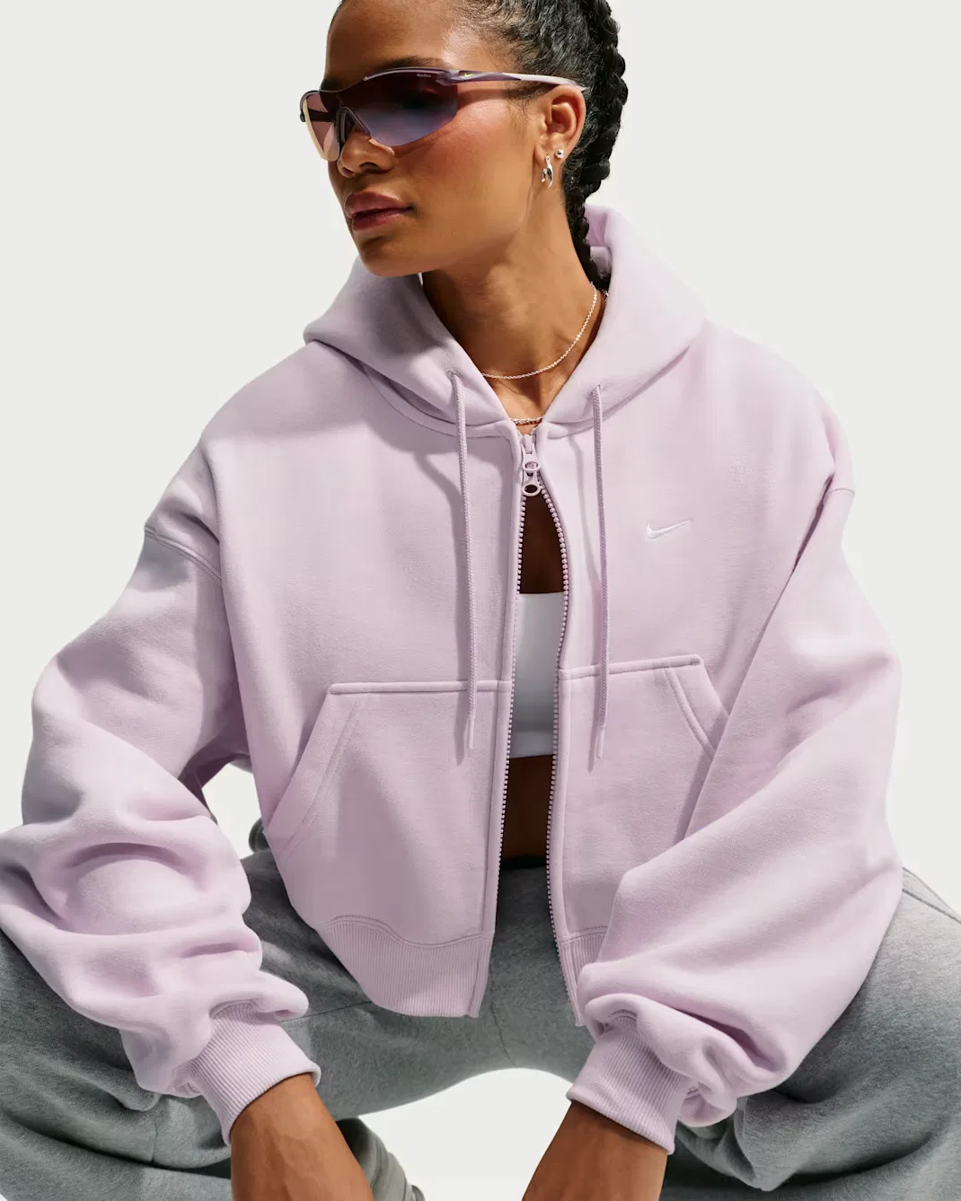 Женская укороченная толстовка оверсайз на молнии Nike Studio Fleece Medium Weight, Bleached Lilac/Sail
