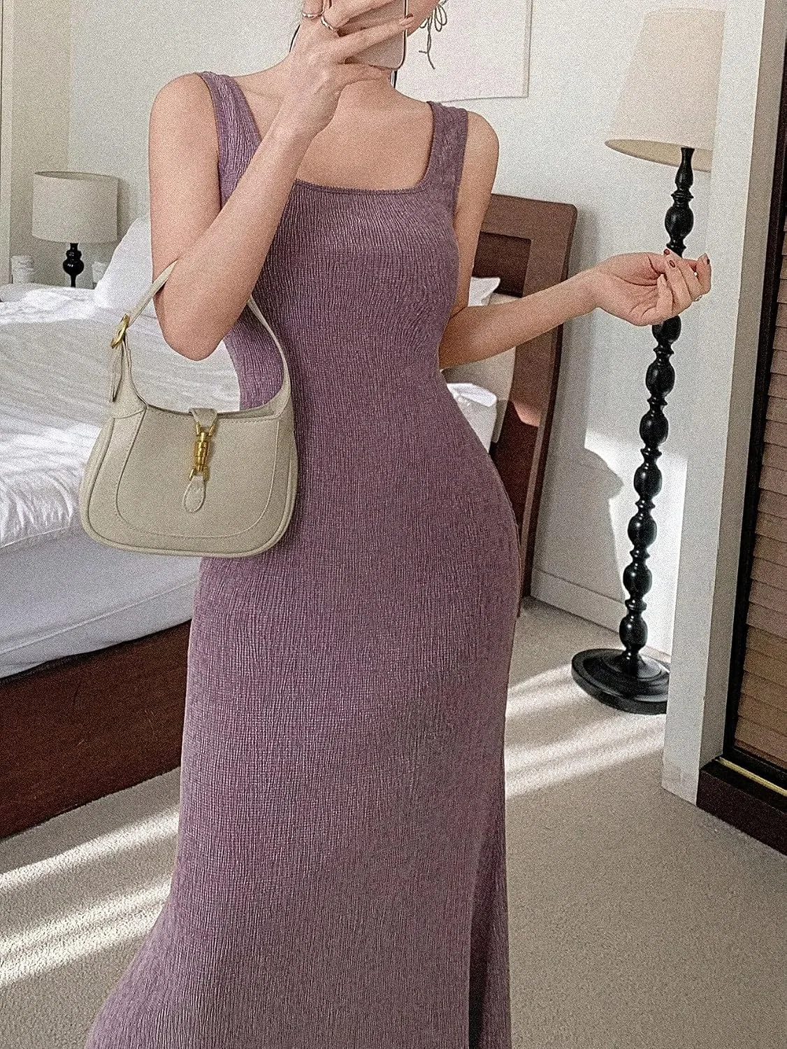 Женское повседневное миди-платье с квадратным вырезом, Mauve Purple — фото 3