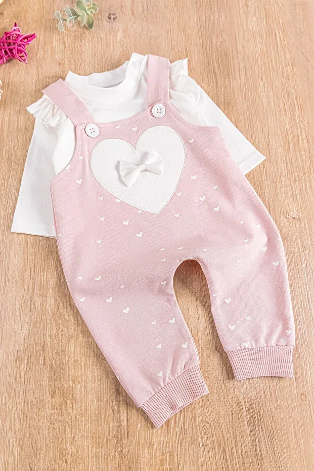 Детский комбинезон для девочек хлопковый с принтом Heart Patterned Bow Babymod, Powder — фото 2