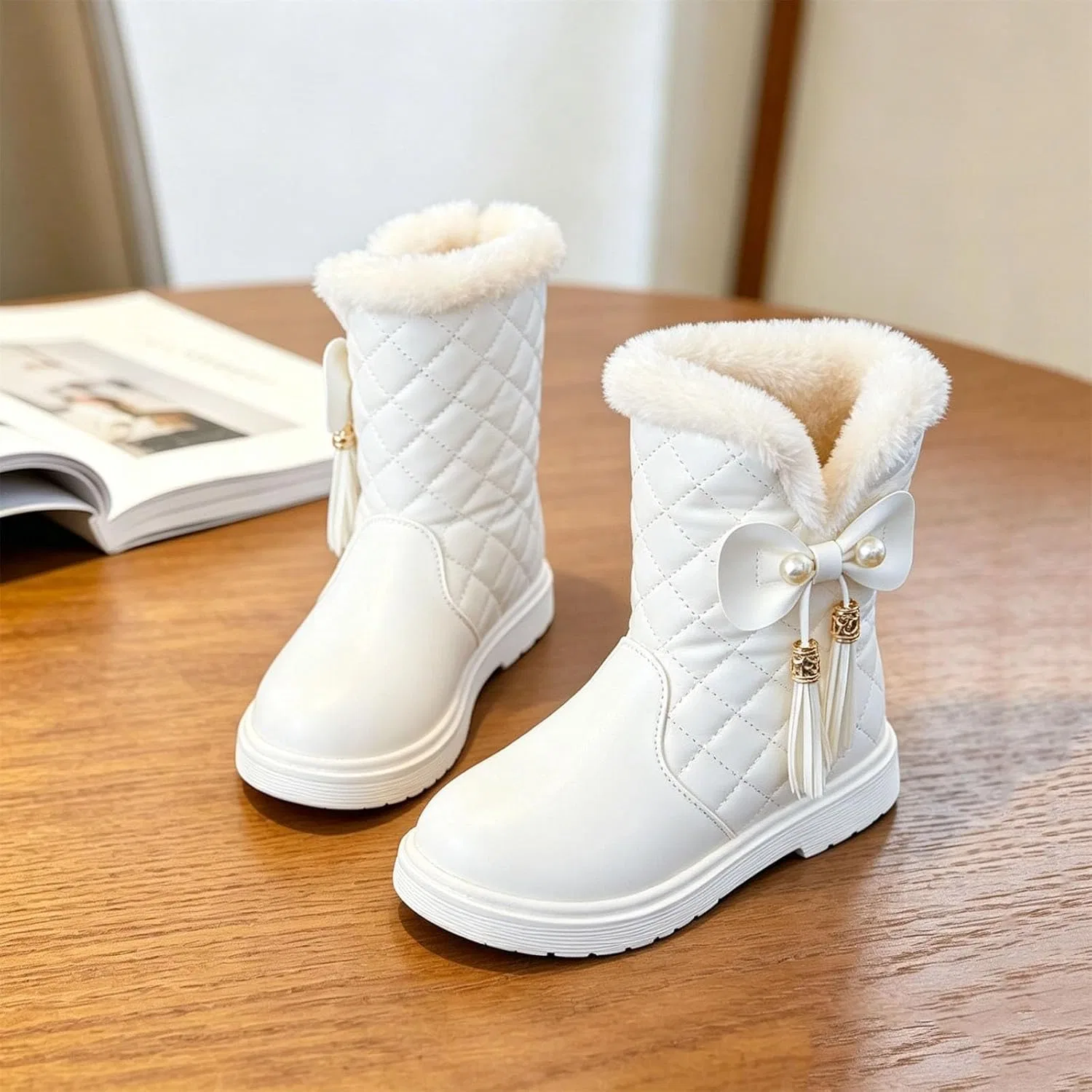 Детские зимние сапоги для девочек с бантом SHOPESSA, White — фото 3
