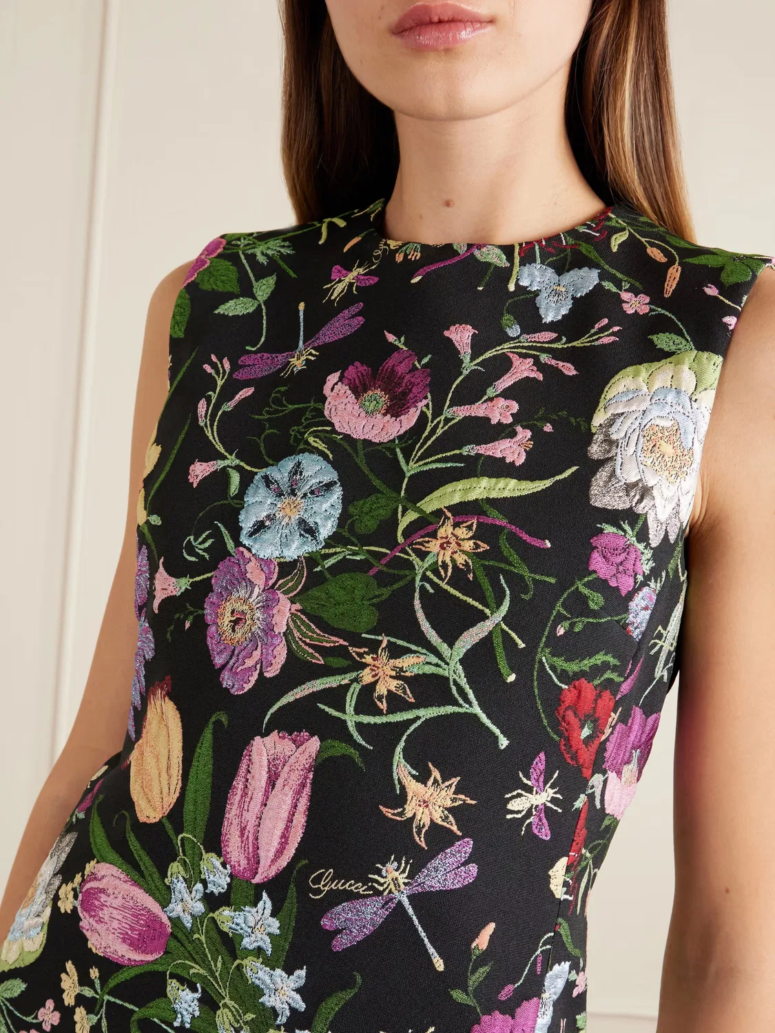 Мини-платье Gucci с цветочной вышивкой, из смесовой ткани с металлизированными волокнами, черный — фото 4