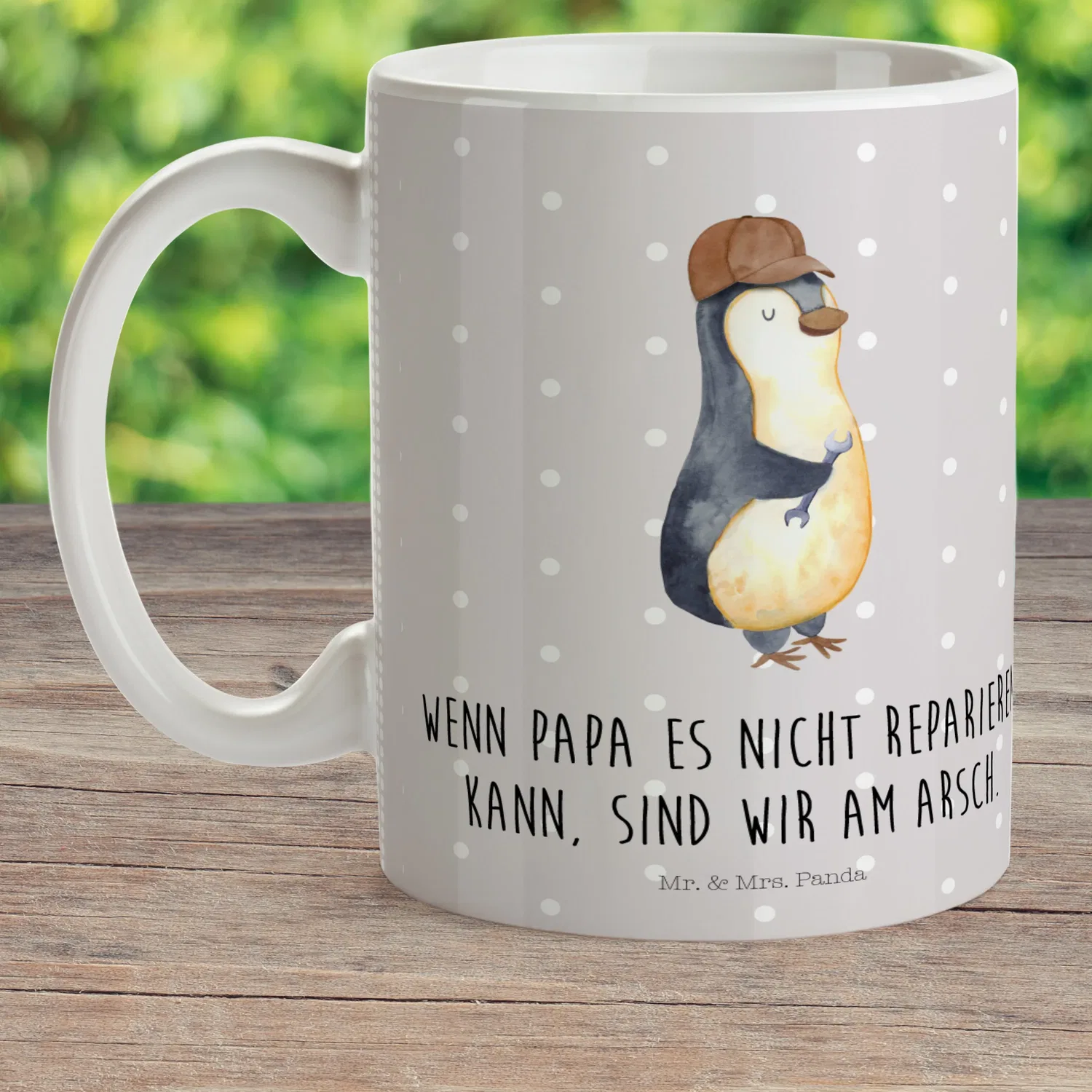 Детская кружка с принтом Wenn Papa es nicht reparieren kann Mr. & Mrs. Panda, серый — фото 2