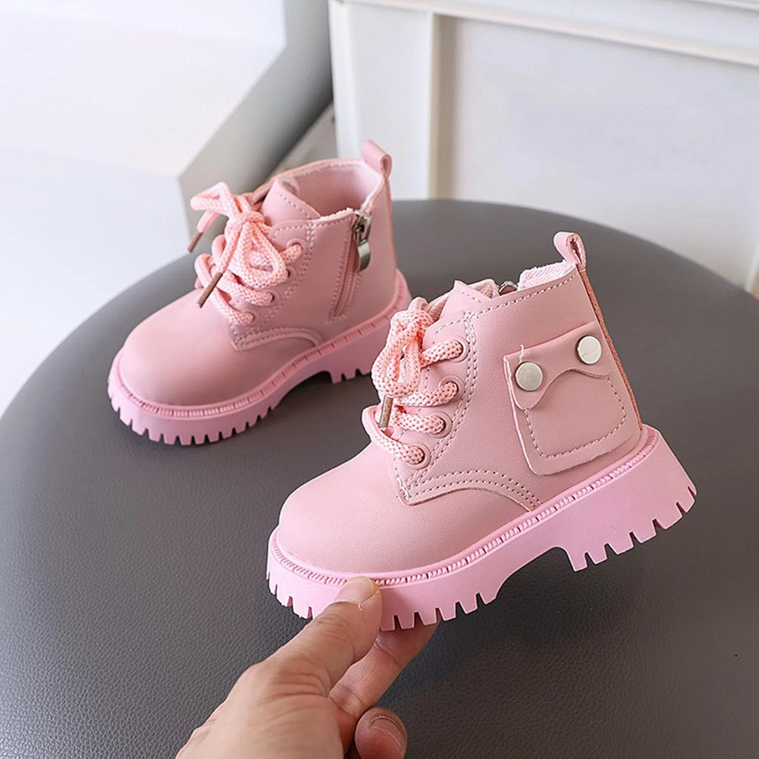 Детские ботинки для девочек на шнуровке с мехом SHOPESSA, Pink — фото 3