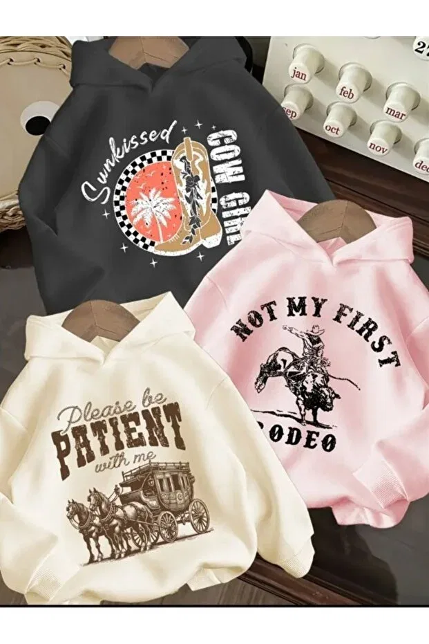 Детский комплект свитшотов с принтом Unisex kids 3 pack printed pink beige black color hooded sweatshirt (new product) Daxia, Patient