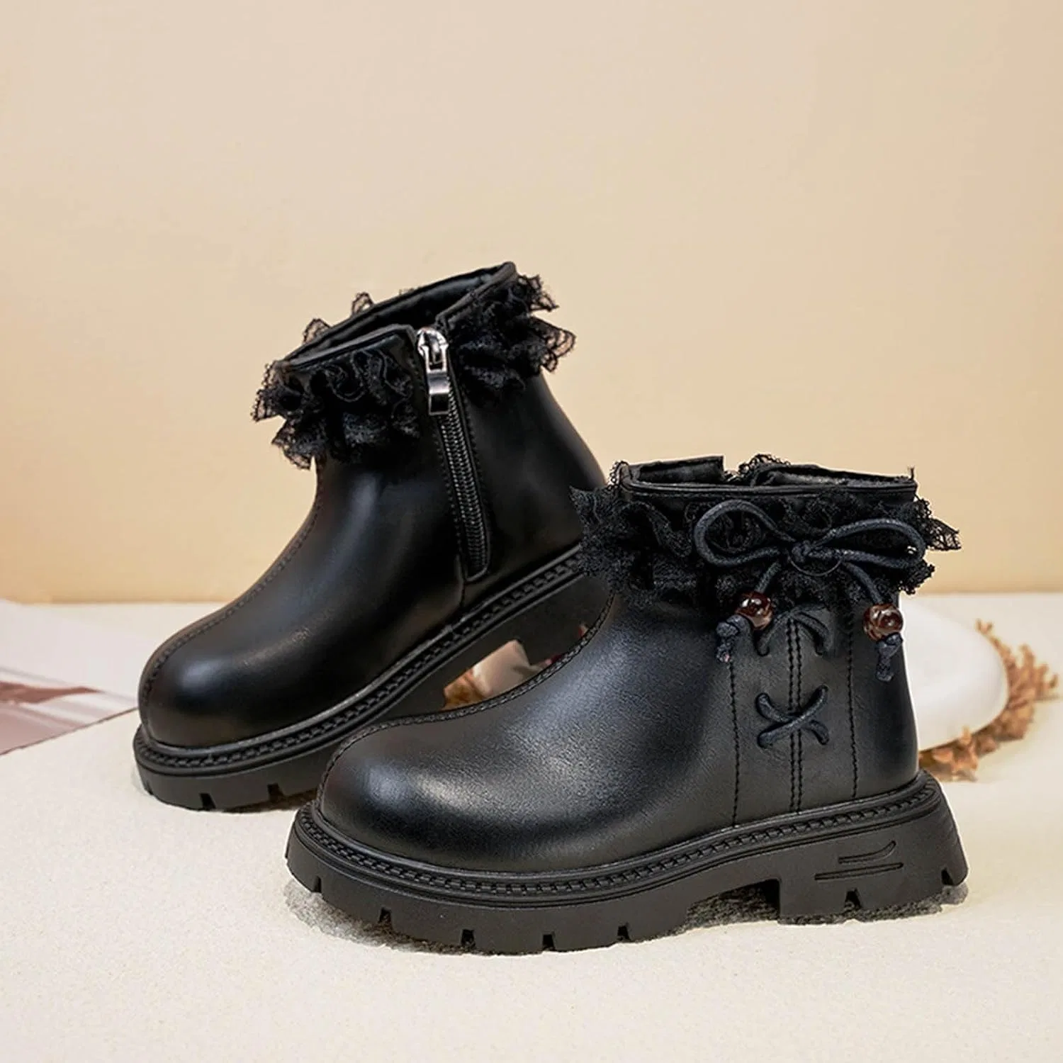 Детские ботинки для девочек с кружевным бантом Zzalalana, Black — фото 3