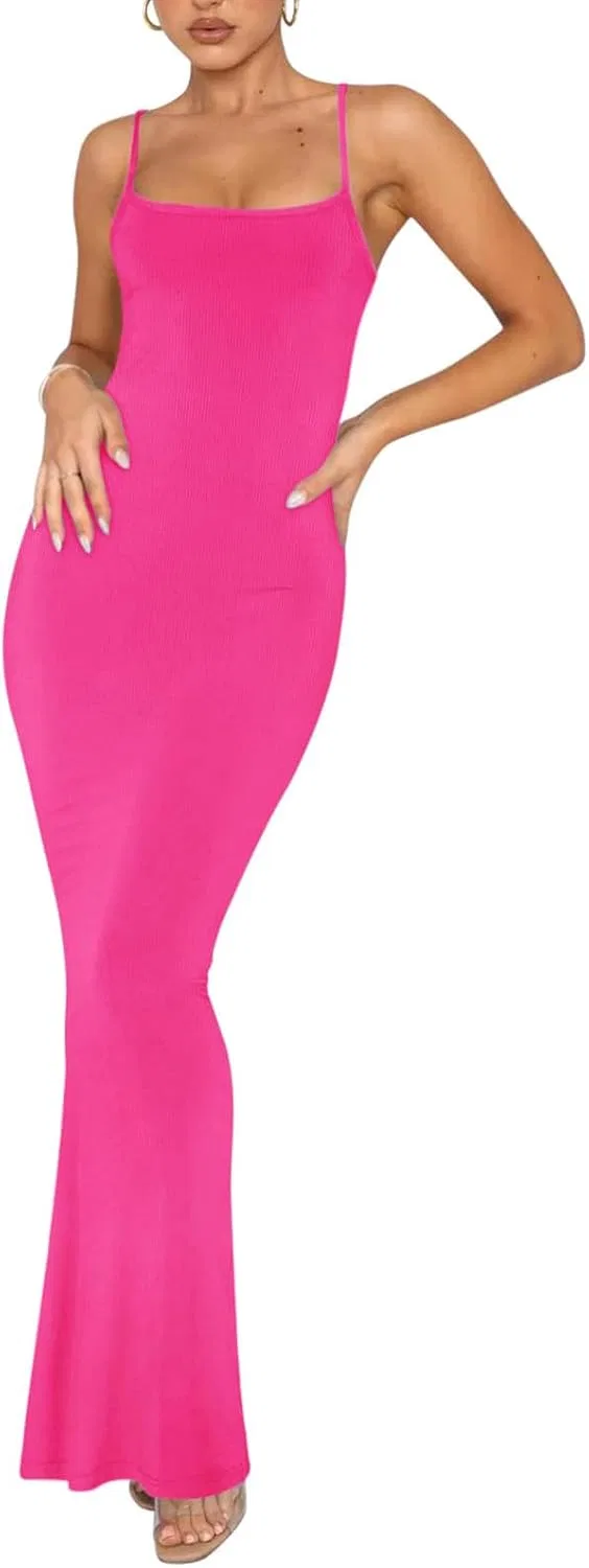Вечернее облегающее платье макси без рукавов с открытой спиной, Hot Pink