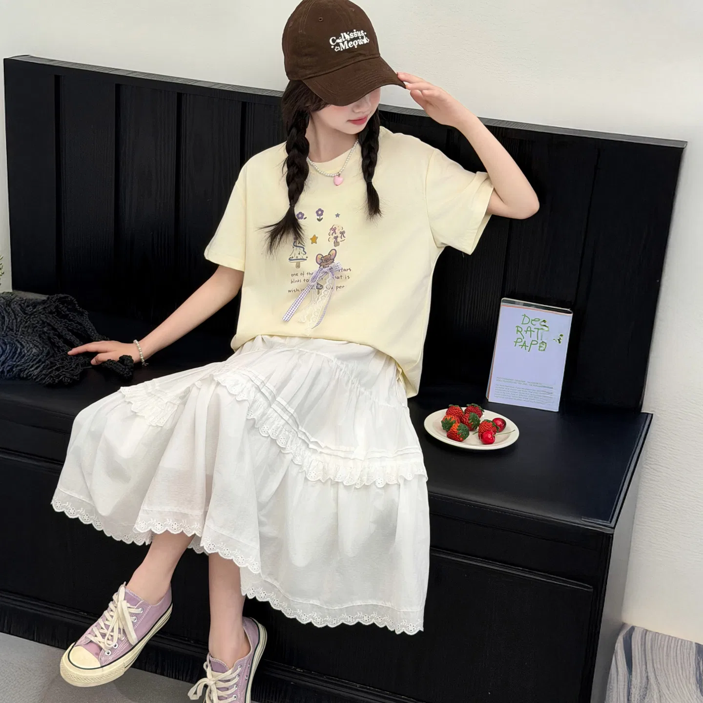Детский комплект для девочек из футболки и юбки Yellow T-Shirt+White Skirt YALU — фото 3