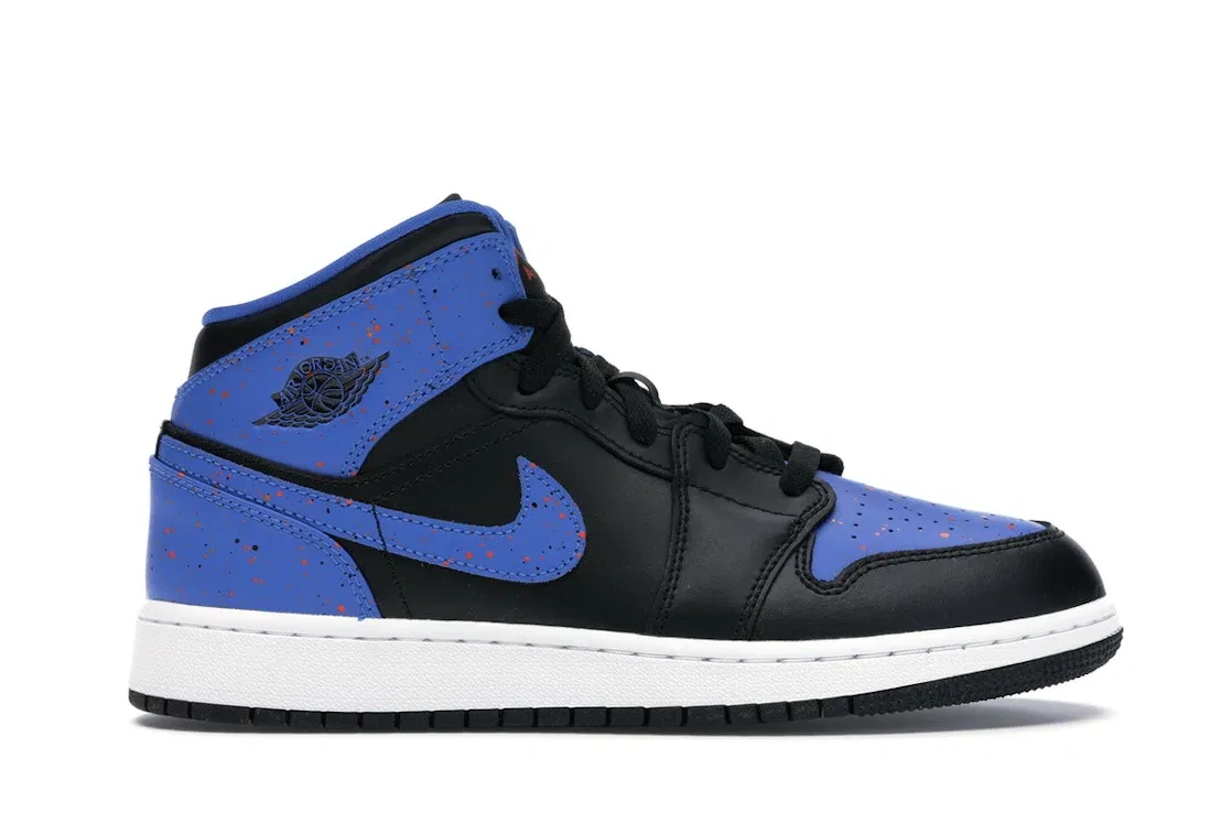 Детские кроссовки на шнуровке с принтом Jordan 1 Mid Royal Paint Splatter Jordan, Black/Signal Blue-Orange Peel-Team Orange