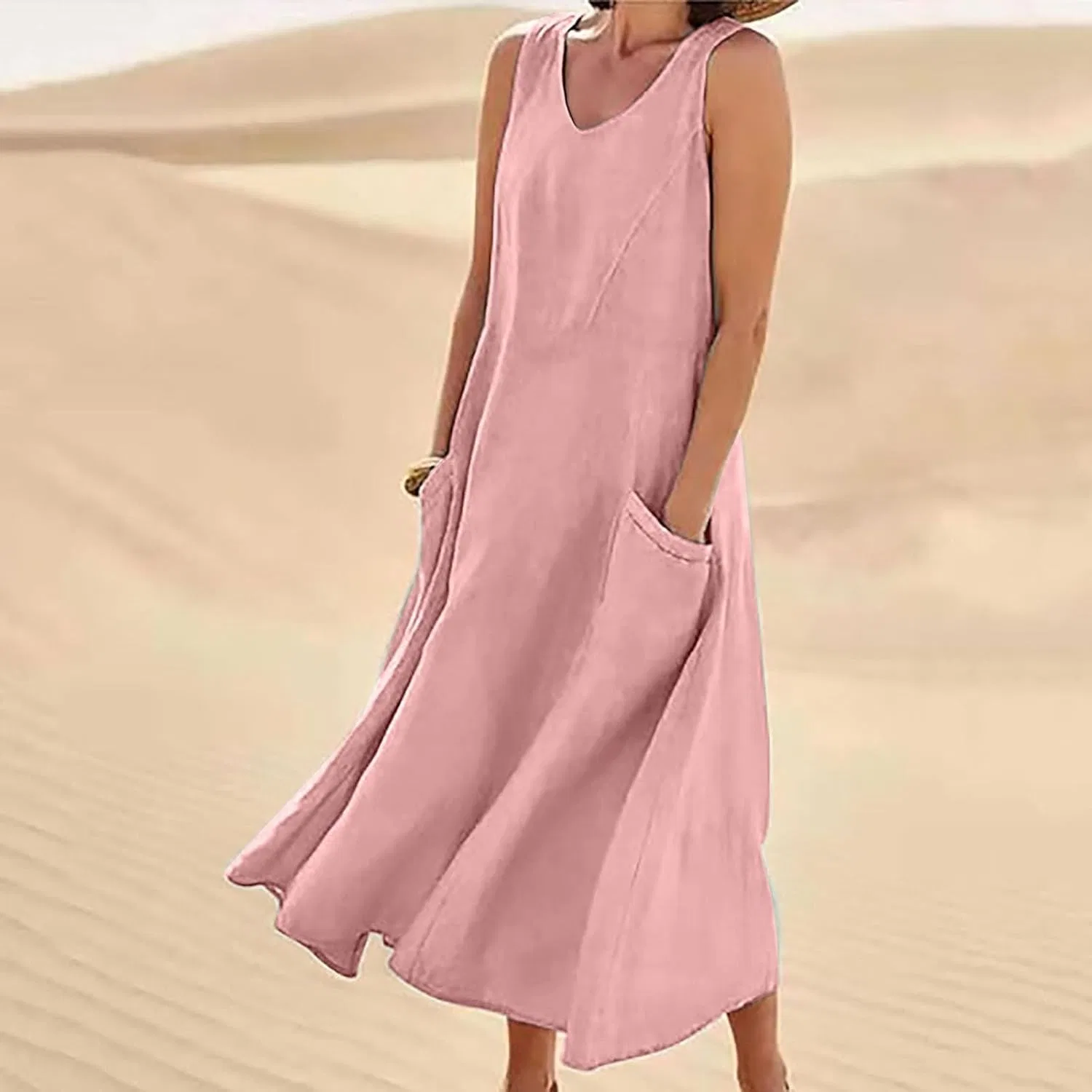 Женское летнее свободное платье макси из хлопка и льна, Pink — фото 2