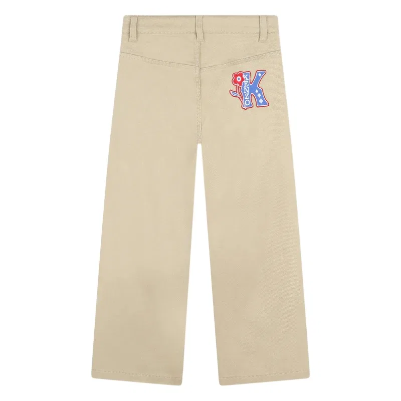 Брюки для девочек с широкими штанинами из твила, модель Kids Wide Leg Twill Cotton Trousers Kenzo, Sand — фото 2