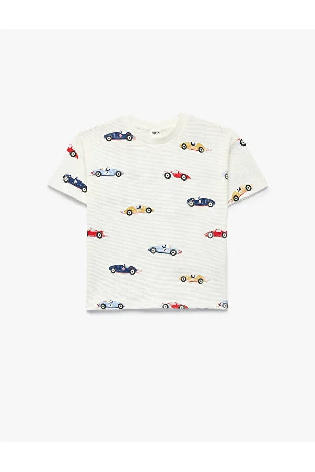 Детское для мальчиков футболка с принтом Cotton Car Patterned Koton, Ecru Patterned — фото 3