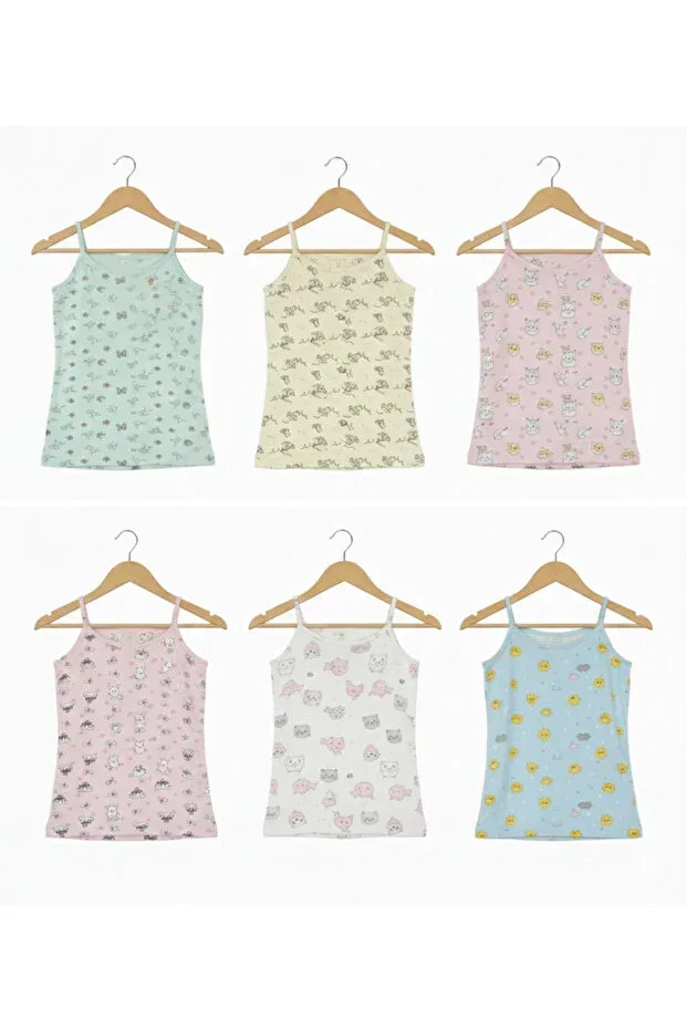 Детский топ для девочек на тонких бретелях с принтом, комплект 6 шт Basics Şenay, Mixed Pattern Purple Lilac Vs — фото 2