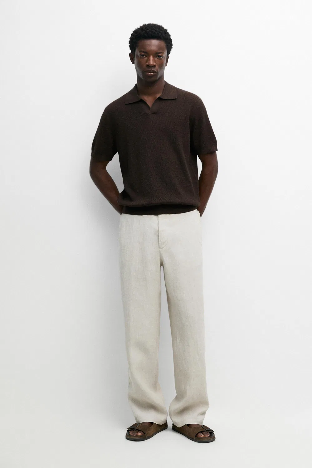 Поло-свитер Massimo Dutti Cotton Blend Knit, коричневый — фото 3