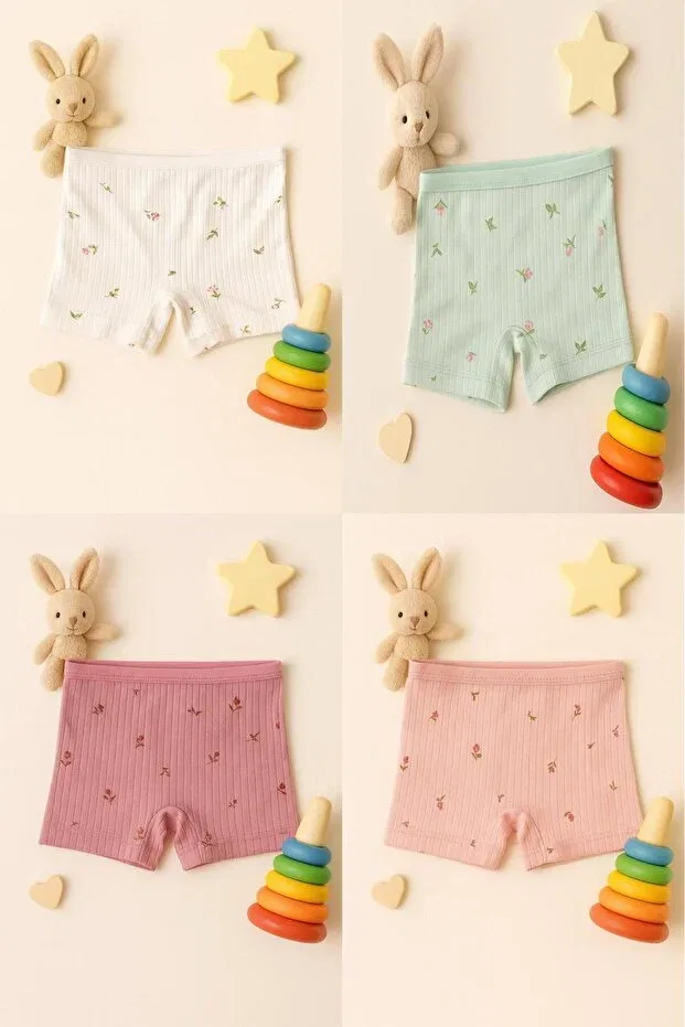 Детский комплект боксеров для девочек из хлопка с рибаной Young Mavi Qumsal, Ecru-Pink-Beige-Green