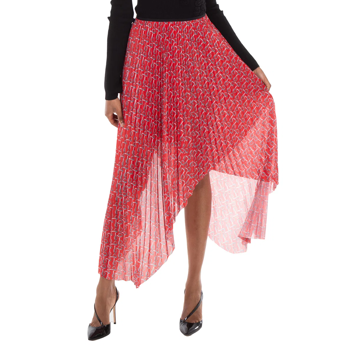 Юбка плиссированная миди с принтом Pleated B Jersey Midi Skirt Burberry, Silver/Red