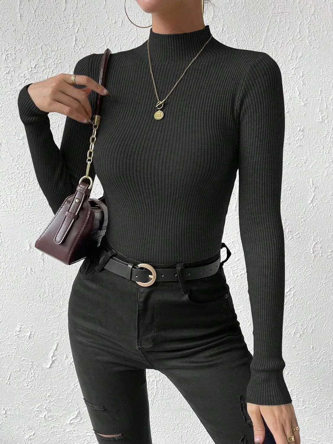 Женский свитер с высоким воротником, rib-knit, Pullover, чёрный — фото 2