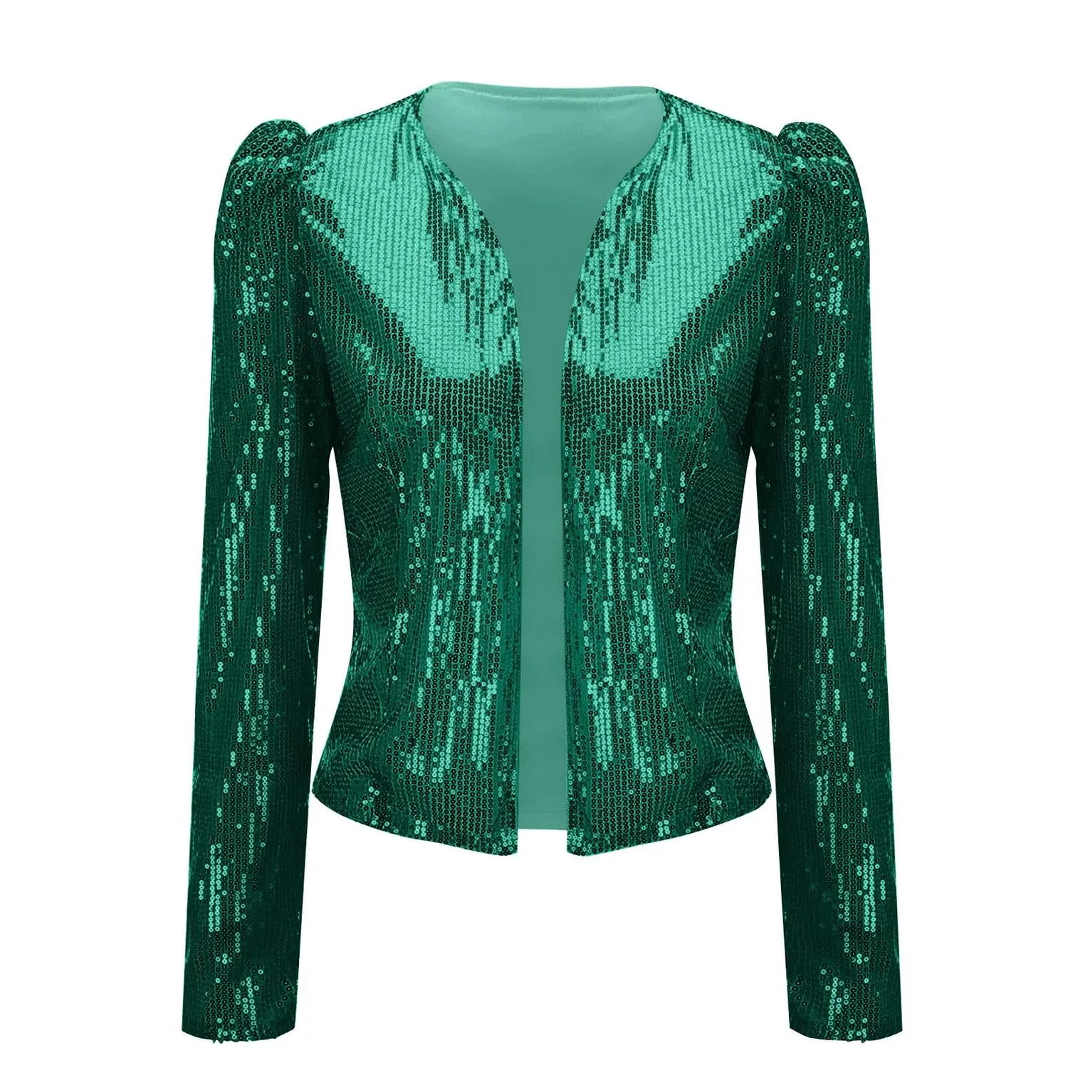 Женский блестящий жакет с пайетками Sequin Top Women Sparkly Short Jacket Casual Shiny Blazer Party Coat Solid Color Tops Long Sleeve Open Front Cardigan Glitter Disco Bomber Jacket Y2K Elegant Jacket, Verde — фото 2