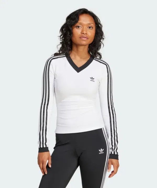 Футболка с V-образным вырезом, длинный рукав, классическая, Adidas, белый