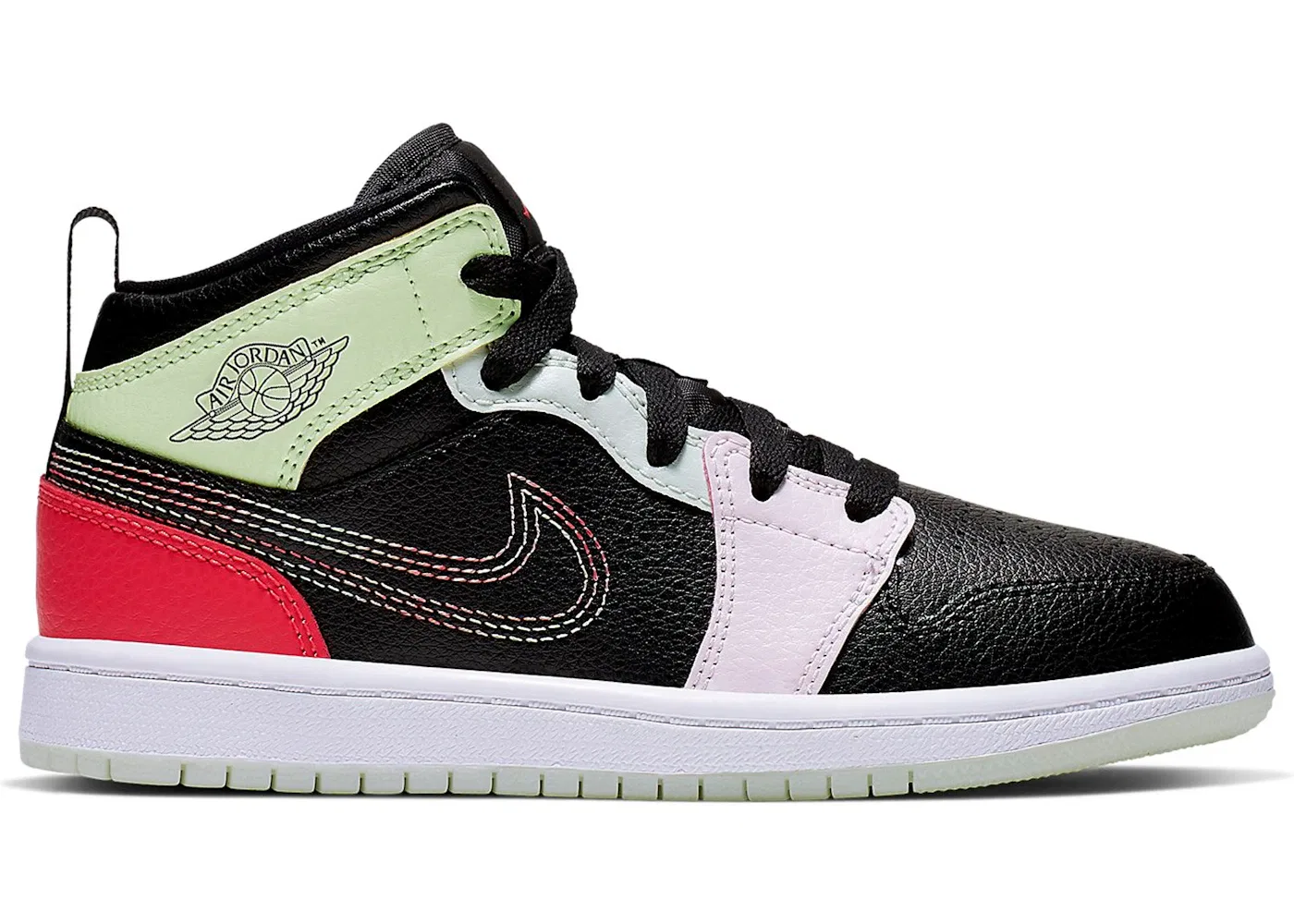 Детские кроссовки со светящимся принтом Jordan 1 Mid Jordan, Black/Ember Glow-Barely Volt-Light Soft Pink-Jade Aura