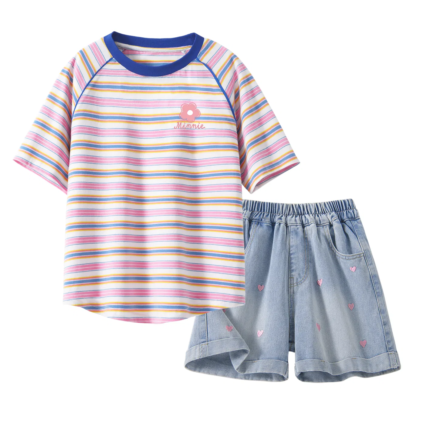 Детский спортивный костюм с круглым вырезом, тонкий и дышащий, Disney, Pink Stripes Denim Blue