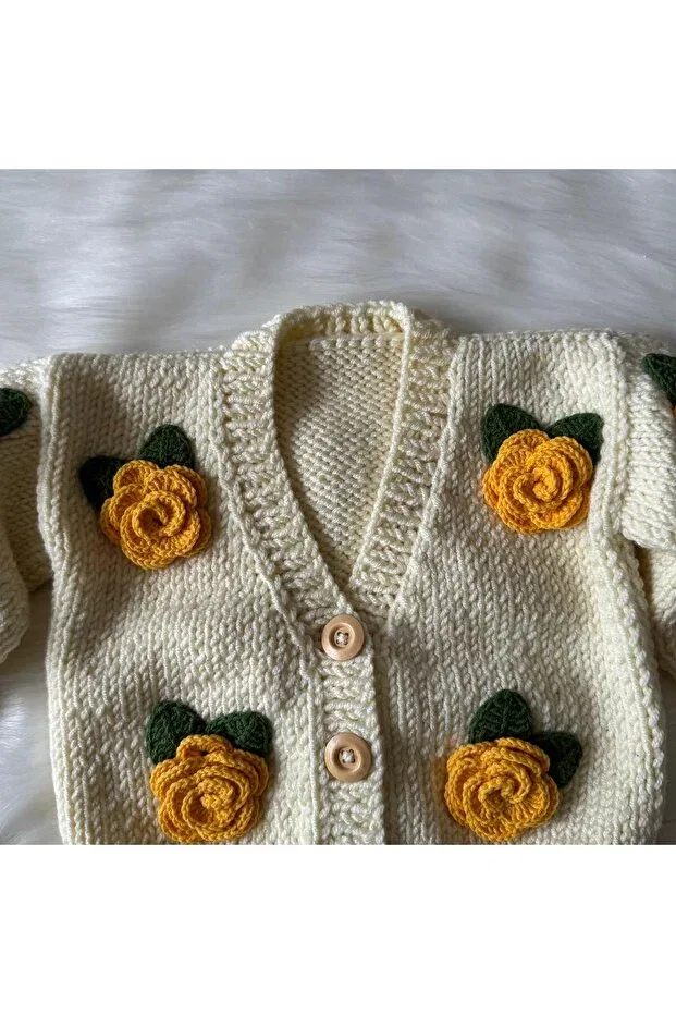Детский кардиган с цветочным принтом Rose motif hand knitted baby kids cardigan jacket Home, Nude Color — фото 3
