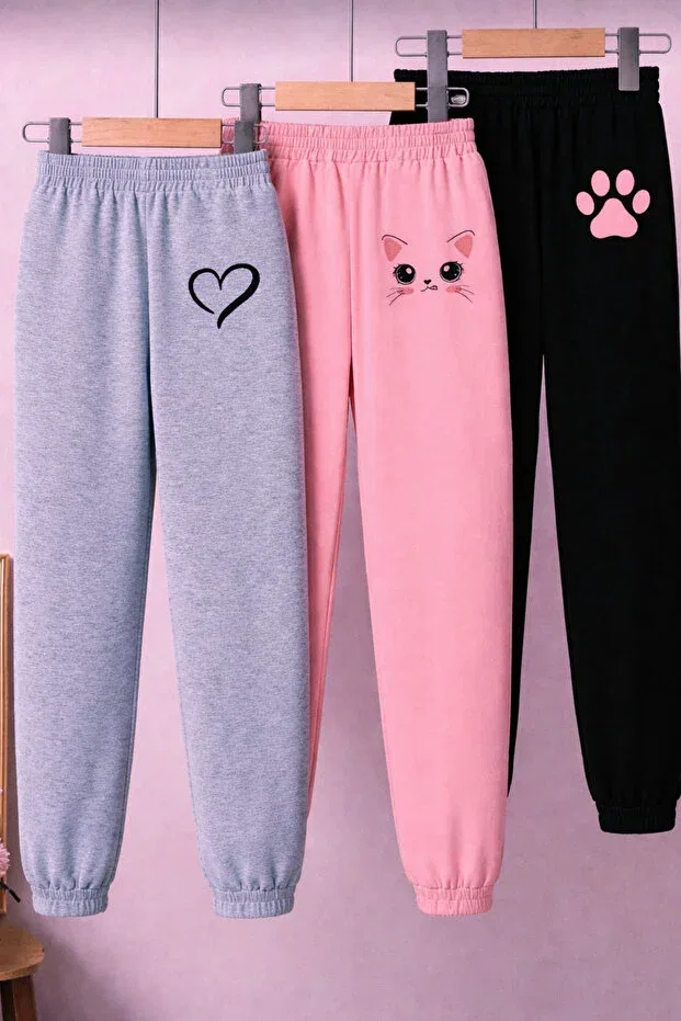 Детские спортивные штаны для девочек с принтом Seasonal cat-paw-heart printed Kids, Black