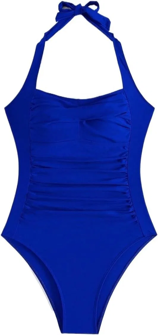 Женский слитный купальник с открытой спиной и драпировкой Halter Neck, Royal Blue
