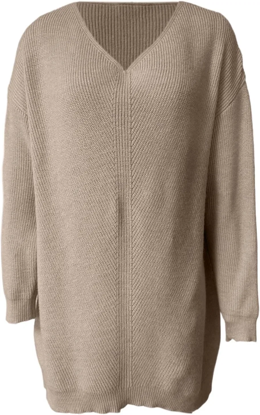 Женское платье-свитер с V-образным вырезом свободное, Khaki — фото 4