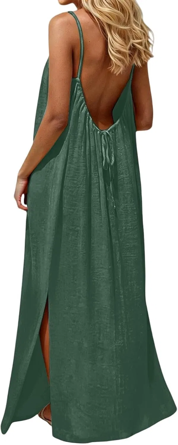 Женское открытое платье на бретелях с разрезом Dark Green