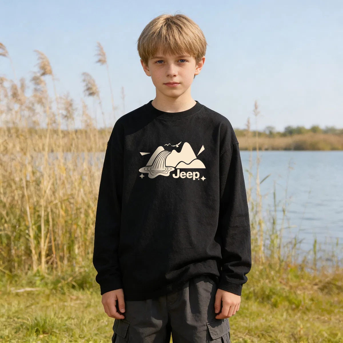 Детская футболка с круглым вырезом, хлопковая, модель Grade School, Jeep, Black — фото 4