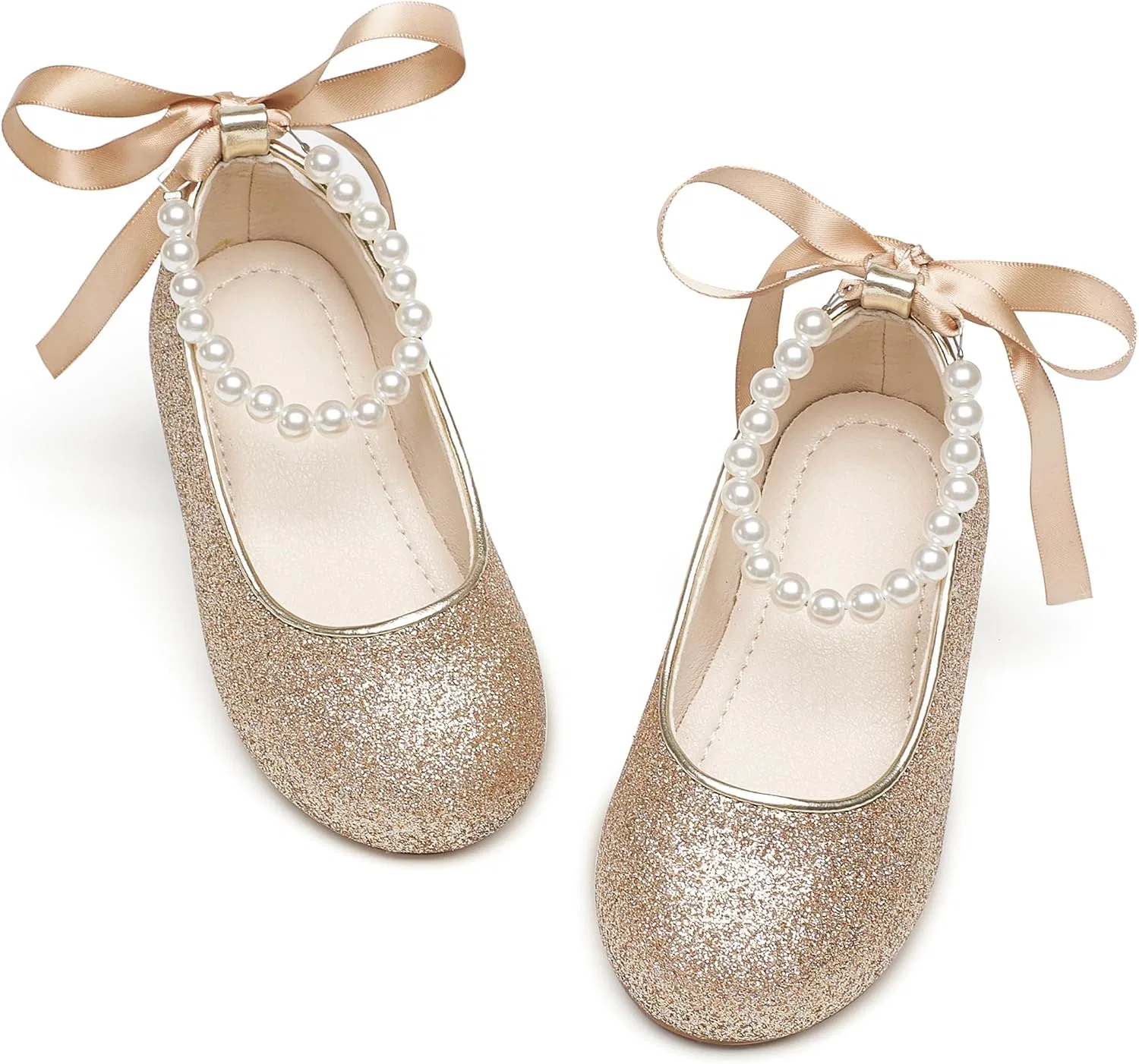 Детские туфли-балетки для девочек с жемчужным ремешком PHIRAMIN, Glitter Gold Pearl Strap
