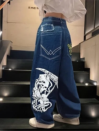 Женские джинсы с принтом скелета Y2k Hip Hop Goth Street Vintage High Waist Denim Wide Leg Trousers, Color-2 — фото 4